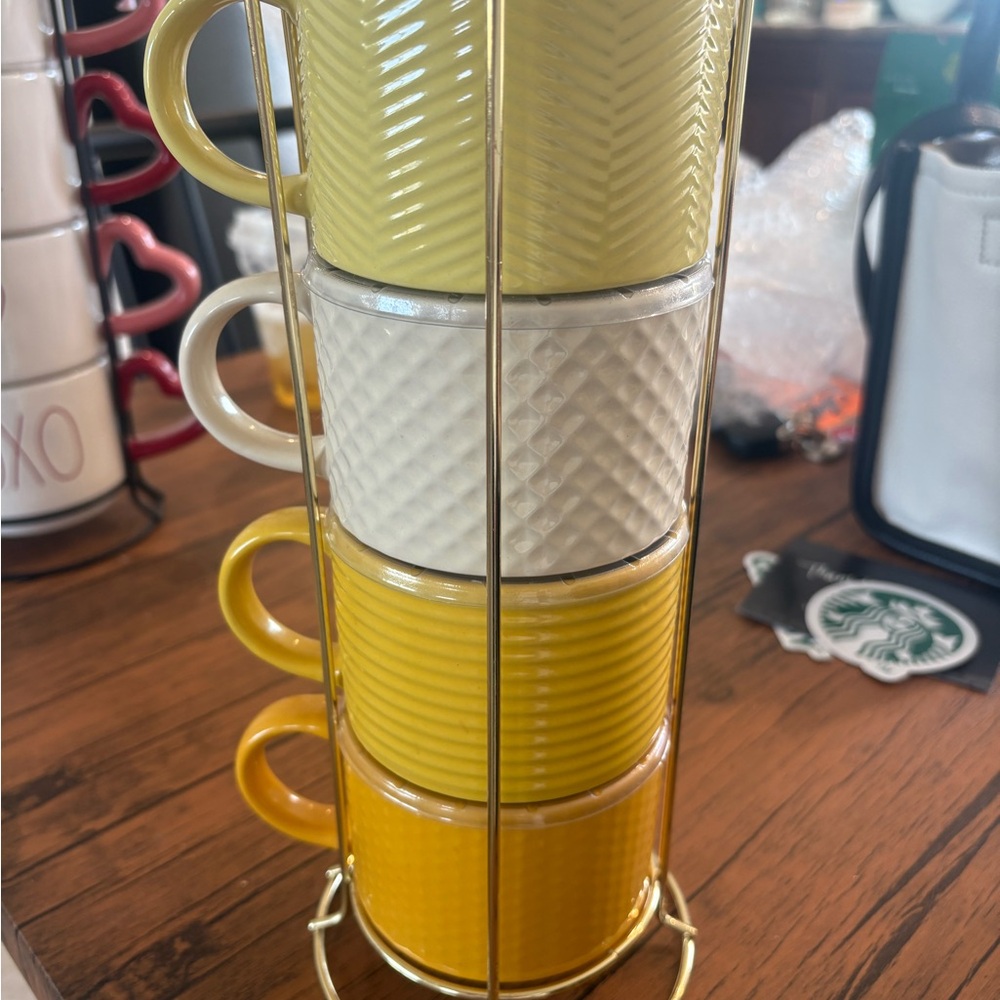 Stackable Ceramic Mug Set in Yellow and White with Gold Rack
